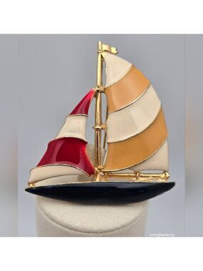Vintage Enamel Sailboat Brooch Gold Tone Red, Cream & Yellow Whimsical Retro